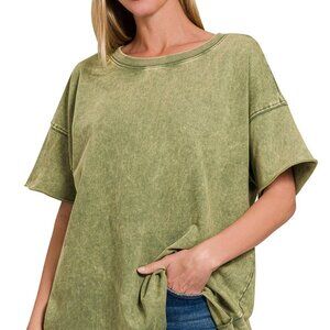 Zenana Acid Wash French Terry Drop Shoulder Raw Edge Top Ash Olive